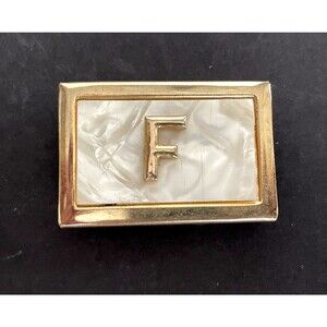 Vintage Brass with Mother of Pearl Letter Initial F Small Rectangle Belt Buckle